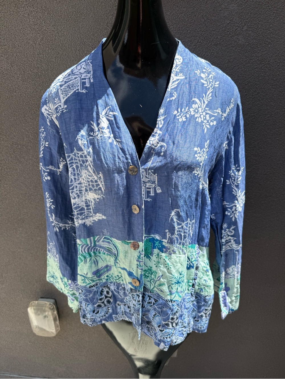 CITRON Santa Monica Linen Silk Asian Novelty Print Cardigan Blouse Top Sz L
